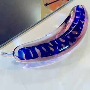 Art Glass Banana Sculpture Paperweight Blue and Pink #65